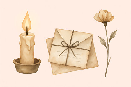 A lit candle in a holder, old envelopes tied with string, and a single flower are displayed. Everything is rendered in soft, muted browns and tans.の素材