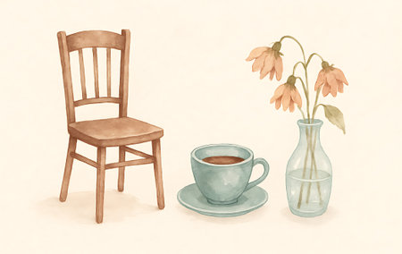 Watercolor still life with empty chair, coffee cup and fading flowers symbolizing loneliness and quiet sadness. Gentle muted tones create a nostalgic and melancholic mood.の素材