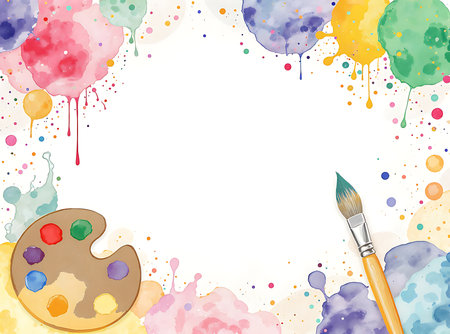 A colorful array of watercolor paint splashes surround a white space, with a paint palette and brush placed at the borders, ready for artistic expression.の素材