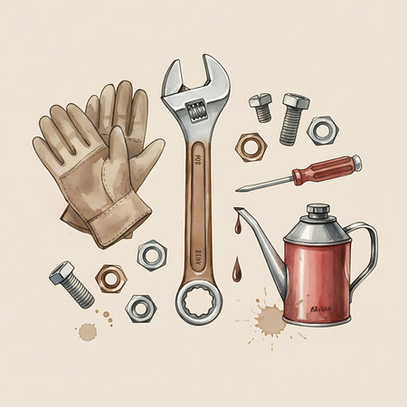 An illustration shows a set of tools, including a wrench, gloves, nuts, bolts, a screwdriver, and an oil can with a drop of oil, arranged on a plain background, ready for repair work.の素材