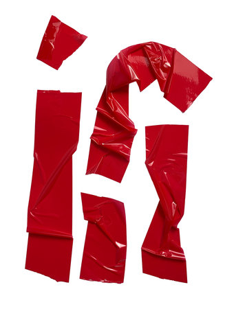 Arrangement of glossy red adhesive tape strips is set against a clean white canvas. The strips appear detached and layered, catching light in their folds and curves.の写真素材