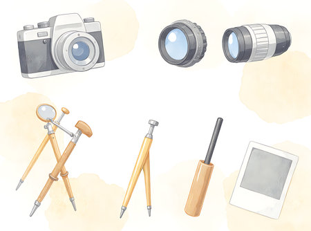 The composition features a vintage camera, lenses, drawing tools, including a magnifying glass and compass, and a blank instant film print, representing different aspects of photography and design.の素材