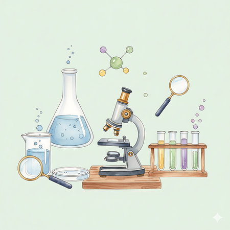 Various science instruments like a microscope, beakers, flasks, test tubes, and magnifying glasses are on display. Chemical substances are contained inside these devices.の素材