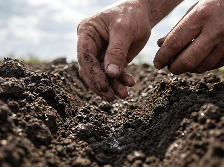 A farmer is planting seeds by hand into a furrow in a field. The close-up focuses on the hands and the soil, showing detail of the work and the earth. Spring season.の素材