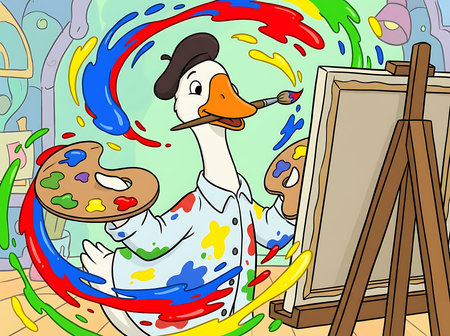 Funny cartoon goose wearing a beret and splattered shirt is joyfully painting on a canvas with vibrant paint. The goose is holding a brush and a paint palette.の素材