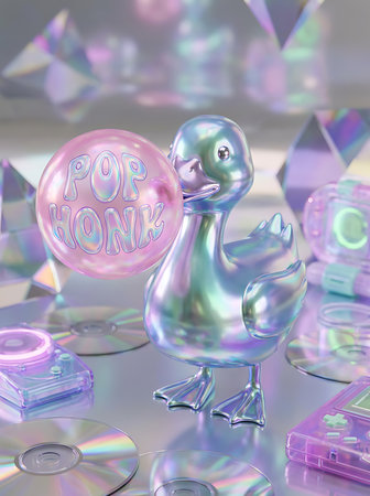 A shiny, cute goose figure holds a pink bubble saying pop honk. Discs, retro devices, and holographic shapes surround the goose, creating a fun aesthetic background.の素材