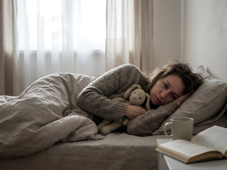 A woman lies in bed, hugging a stuffed bunny. A book and mug sit on the bedside table. She looks sad in the morning light coming through the window.の素材