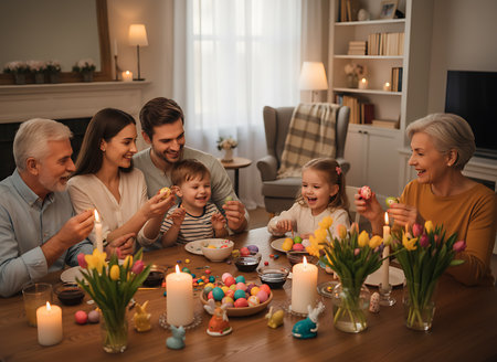 A multi-generational family gathers around a table in a house to decorate Easter eggs. Everyone is smiling and enjoying this festive Spring holiday together, making for a joyful moment.の素材