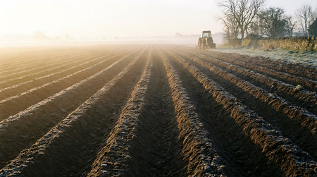 A tractor works in a cultivated field, preparing the soil for planting during the spring season. This is in a rural landscape at sunrise.の素材