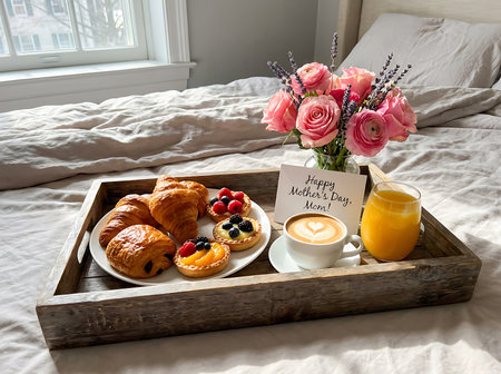 A wooden tray with croissants, fruit tarts, coffee, and orange juice sits on a bed next to a vase of flowers. A Mother's Day card rests next to the food.の素材