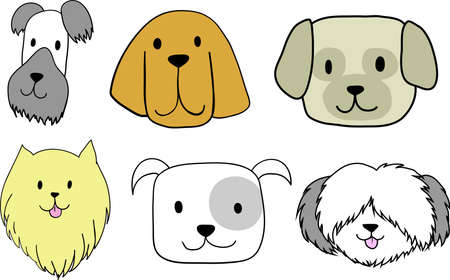 A set of 6 dogs icons featuring the faces of a Scotch terrier, Bloodhound, Tibetan mastiff, Pomeranian, English bulldog, Bobtail isolated backgroundのイラスト素材