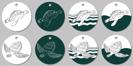 Round sticker template with sea turtle. Isolated illustration with white and turquoise stains on white backgroundの写真素材