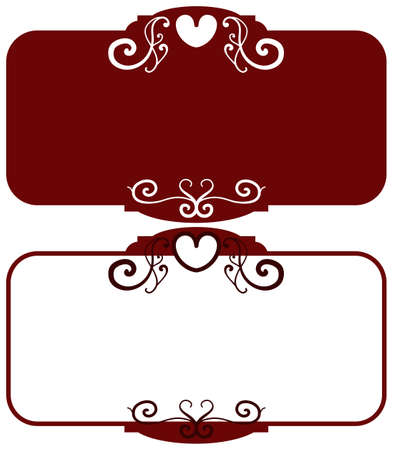 Dark red square vintage frames, design elements. Sketch hand drawn. Decorative border with heart for valentine. Vector illustration isolated backgroundのイラスト素材