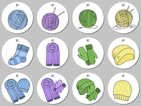 Round sticker template with knitting icon. Isolated vector illustration with white stains on gray backgroundのイラスト素材
