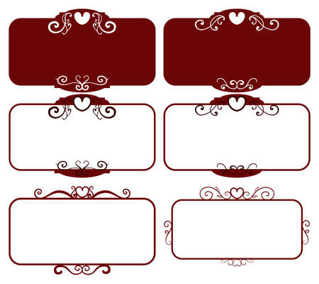 Set dark red square vintage frames, design elements. Sketch hand drawn. Decorative border with heart for valentine. Vector illustration isolated backgroundのイラスト素材