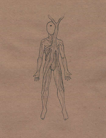 Esoteric and magic illustration of a human in graphics. Soul and body splitting with roots. Figure black pen isolated backgroundの写真素材