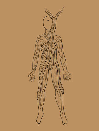 Vector esoteric illustration of a human in graphics. Roots body and the tree grows from the heart. Figure black pen isolated backgroundのイラスト素材