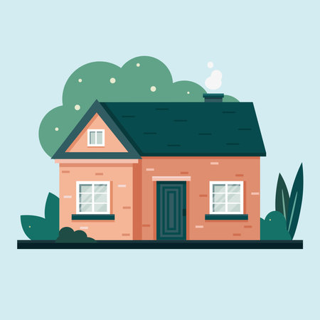 Brick country house with green plants around in the flat styleのイラスト素材