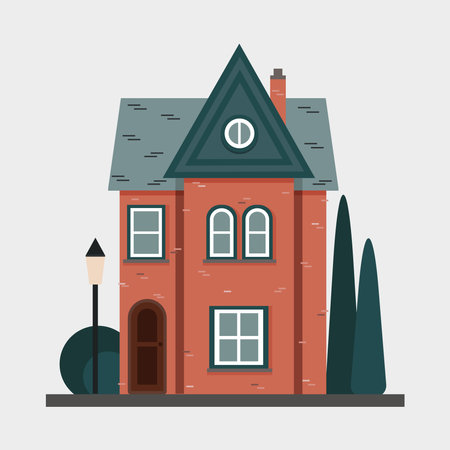 Brick old house with a gray green roof, a lantern and a garden around in the flat styleのイラスト素材