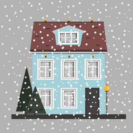 Blue house with Christmas trees and a lantern in winter under a snowfall in Europeのイラスト素材