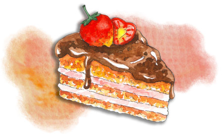 Piece of chocolate cake with strawberry. Watercolor background. Watercolor sketch.の写真素材