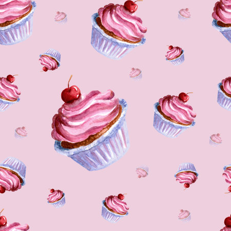 Water color sweet seamless pattern. Cherry pink cupcake.の写真素材