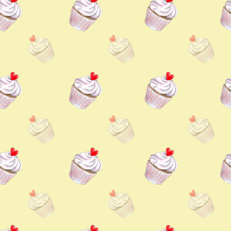 Water color sweet seamless pattern. Cupcake with heart decor.の写真素材