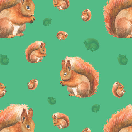 Squirrel pattern. Forest animals ornament. Watercolor seamless pattern.の写真素材