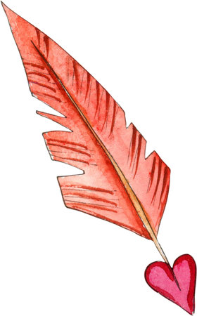 Feather-pen with heart tip. Watercolor hand drawn sketch.の写真素材