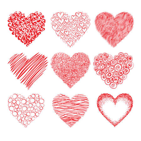 collection of red hand-drawn hearts shapes isolated on white background  Can represent love, Valentineのイラスト素材