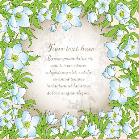 Floral greeting card with hand-drawn white anemonesのイラスト素材