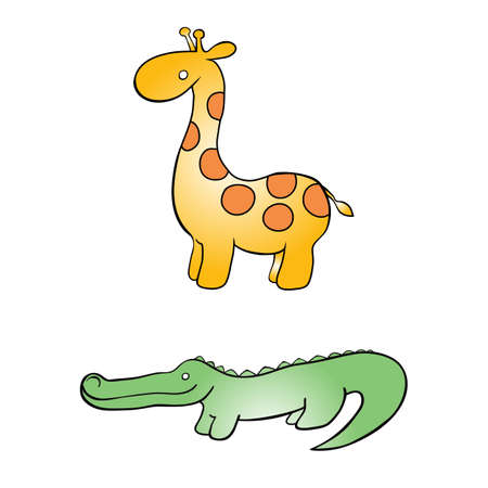 A vector illustration of two wild cute cartoon animals: a giraffe and a crocodile.のイラスト素材