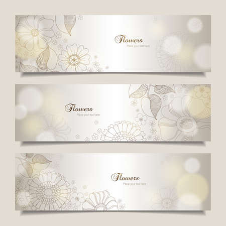 Set of horizontal banners with flowers and lights. Floral background for web design with place for text.のイラスト素材