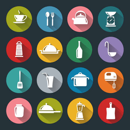 Vector design kitchen flat icons for web, white on colored basis with long shadowのイラスト素材