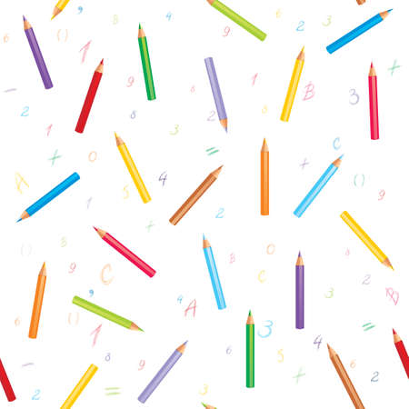 Seamless background with colorful pencils, hand-drawn numbers, mathematical symbols and letters. Illustration with a place for your textのイラスト素材
