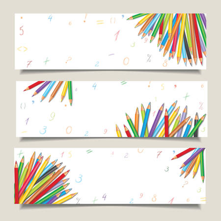 Set of horizontal banners with colorful pencils, hand-drawn numbers and mathematical symbols. Illustration with a place for your textのイラスト素材