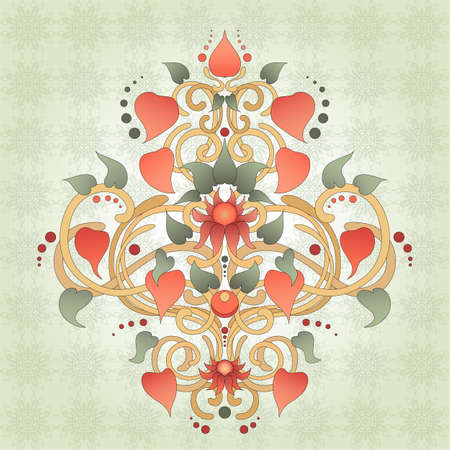 Floral symmetrically element for design pattern. Seamless background with a delicate pattern. Physalis, leaves and twisted branches.のイラスト素材