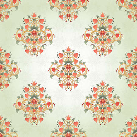 Seamless background with floral symmetrical elements. Delicate pattern. Physalis, leaves and twisted branches.のイラスト素材