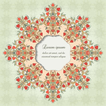 Round vector frame with floral symmetrical elements. Delicate pattern with place for your text. Physalis, leaves and twisted branches.のイラスト素材