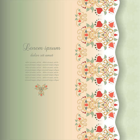 Vector card with floral border. Delicate pattern with floral symmetrical elements. Physalis, leaves and twisted branches. Place for your text. Perfect for greetings, invitations or announcements.のイラスト素材