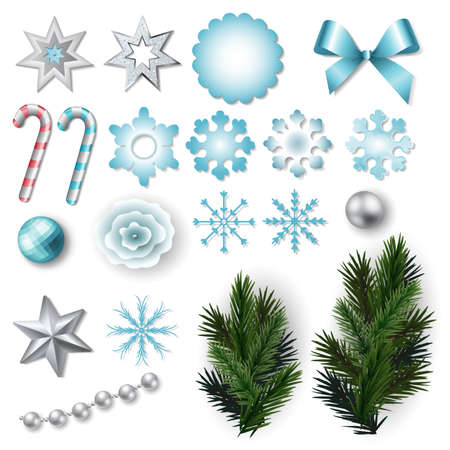 Set of elements on white background for Christmas and New Year design: snowflakes, candy cane, fur-tree branches, stars, beads.のイラスト素材