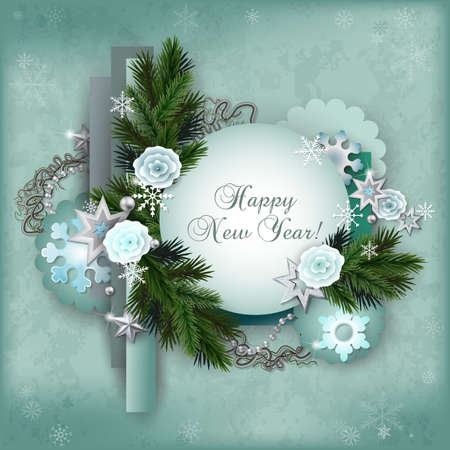 Vintage multilayer card for the winter holidays in scrapbooking style with space for text. New Year or Christmas templateのイラスト素材