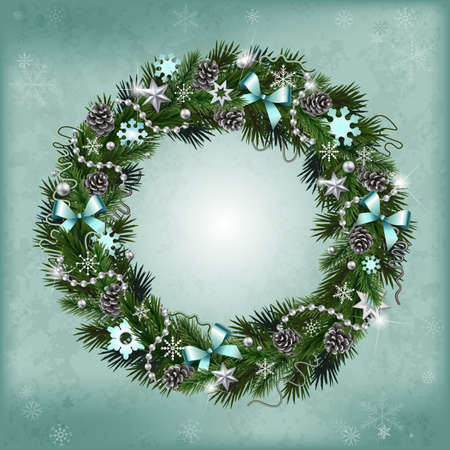 Realistic wreath of fir branches with elements for Christmas and New Year design: snowflakes, branches, pine cones, ribbons, stars, garlands, beadsのイラスト素材