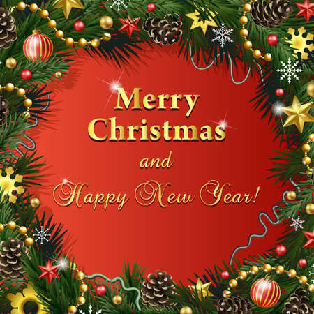 Card for the winter holidays with realistic wreath of fir branches on a bright red background. Christmas and New Year design elements: snowflakes, branches, pine cones, ribbons, stars, garlands, beadsのイラスト素材