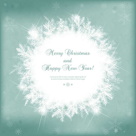 Card for the winter holidays with snowy fir branches, snowflakes, lights and place for text. Illustration for Christmas and New Year design.のイラスト素材