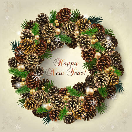 Card for the winter holidays with a realistic wreath of fir cones, fir branches and beads. Place for text. Christmas and New Year design.のイラスト素材