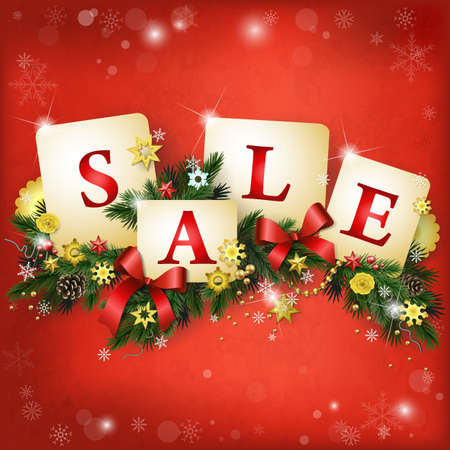Christmas sale background  in red and gold, with pine branches, pine cones, beads, stars, ribbons, snowflakes and lights. New Year or Christmas template.のイラスト素材