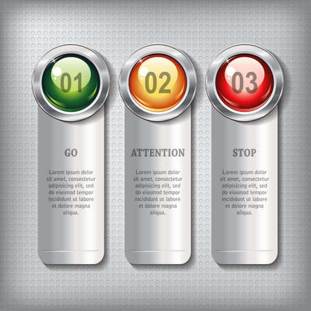 Set of metallic banners with round shiny buttons like a traffic lights on a metal textured  background for infographics, step presentation, workflow layout, website or app. Vector design.のイラスト素材