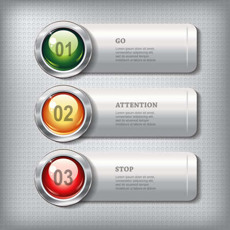 Set of horizontal metallic banners with round shiny buttons like a traffic lights on a metal textured  background for infographics, business design, reports, step presentation, workflow layout, website or app. Vector design.のイラスト素材