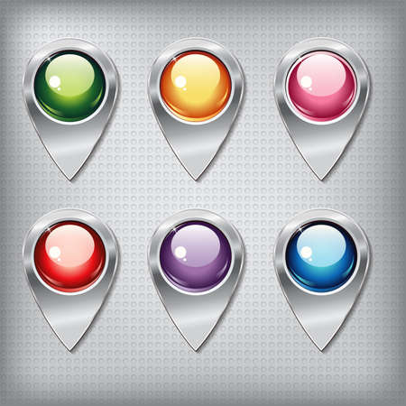 Set of metallic map pointers with colored shiny buttons on a metal textured  background for websites or applications (app) for smartphones and tablets.のイラスト素材